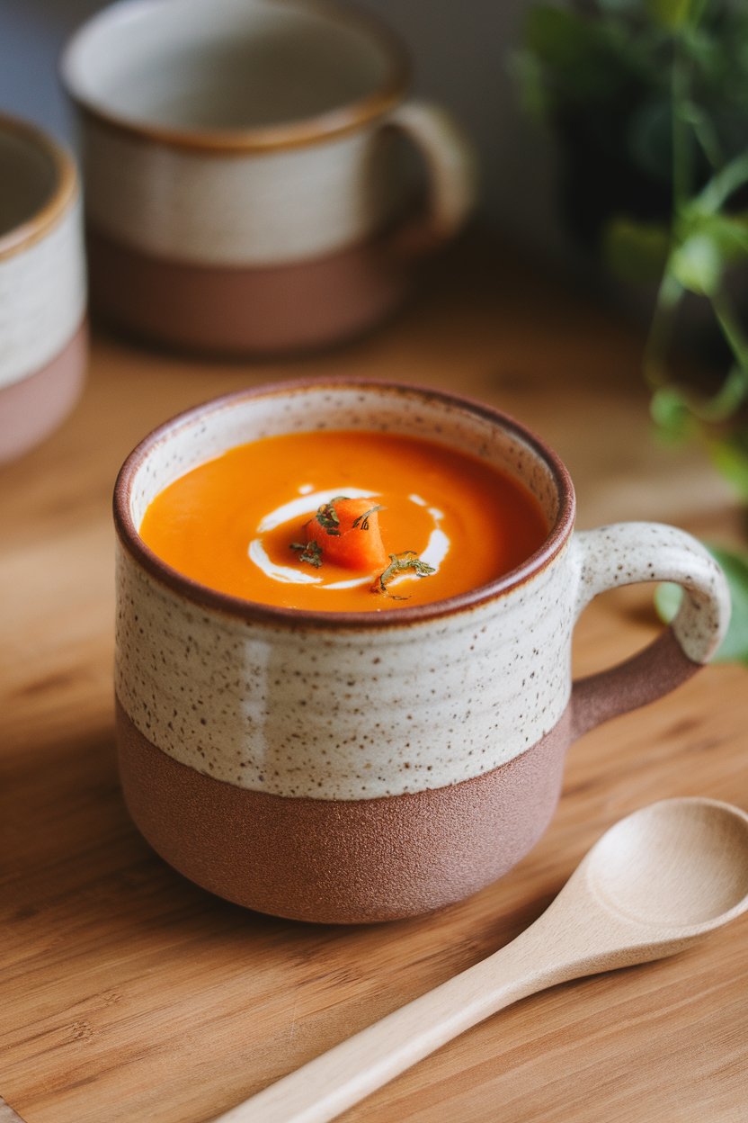 A ceramic mug indoors filled with vibrant orange carrot soup, small swirl of coconut milk on top, spoon resting nearby. No text or logos.