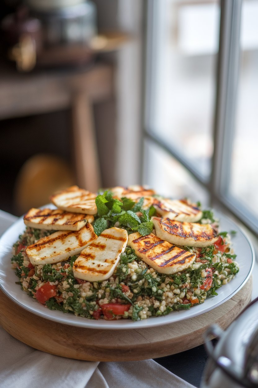 Indoor platter showcasing bright tabbouleh topped with golden grilled halloumi slices. Soft window light, no text or logos.