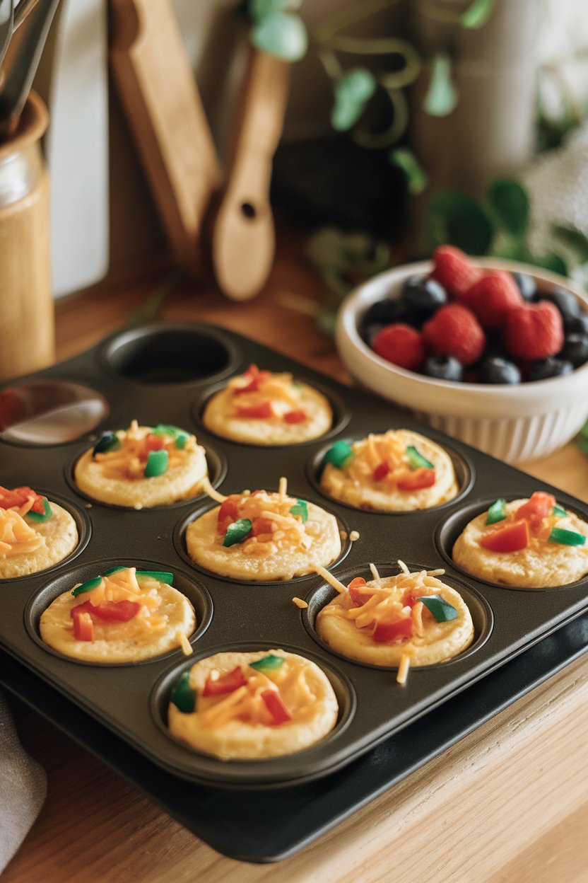 A warmly lit indoor kitchen counter showing a muffin tin filled with mini omelets studded with colorful bell pepper bits and shredded cheese. No text or logos. Photo only.