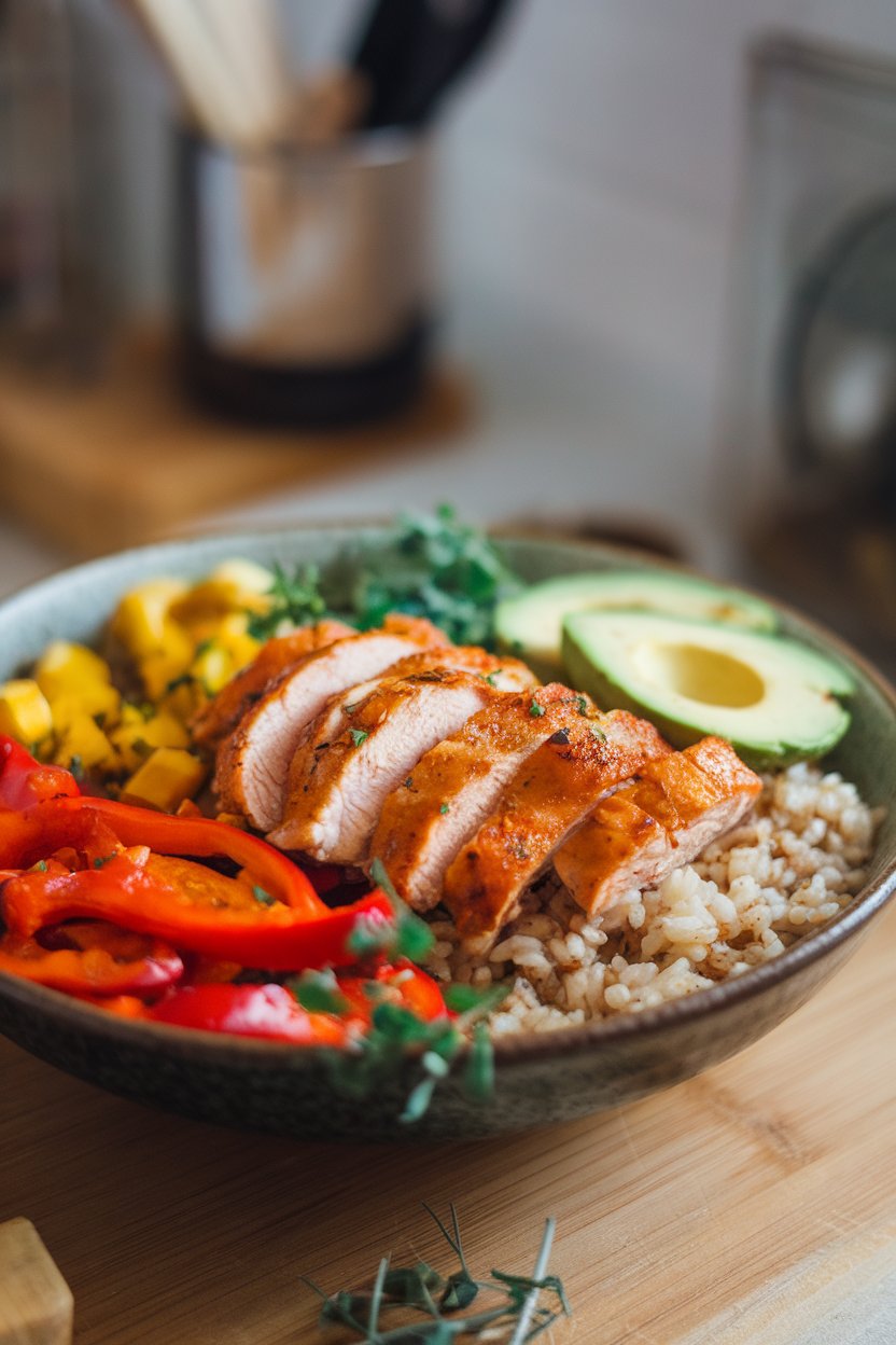 Photo of a wide indoor bowl containing lime-marinated chicken strips, sautéed peppers, brown rice, and avocado slices. No logos or text.