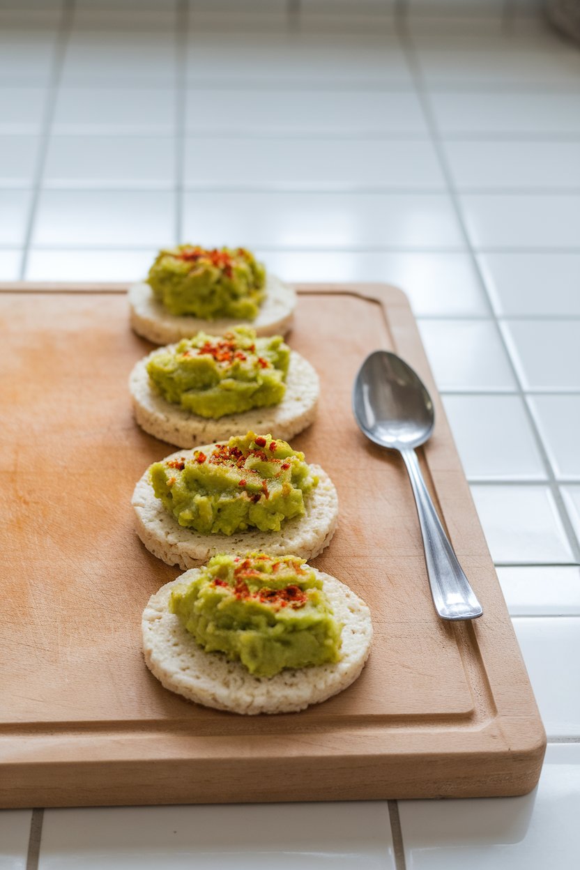 Indoor photo of plain rice cakes topped with mashed avocado and red pepper flakes on a cutting board; bright kitchen light, no text or logos
