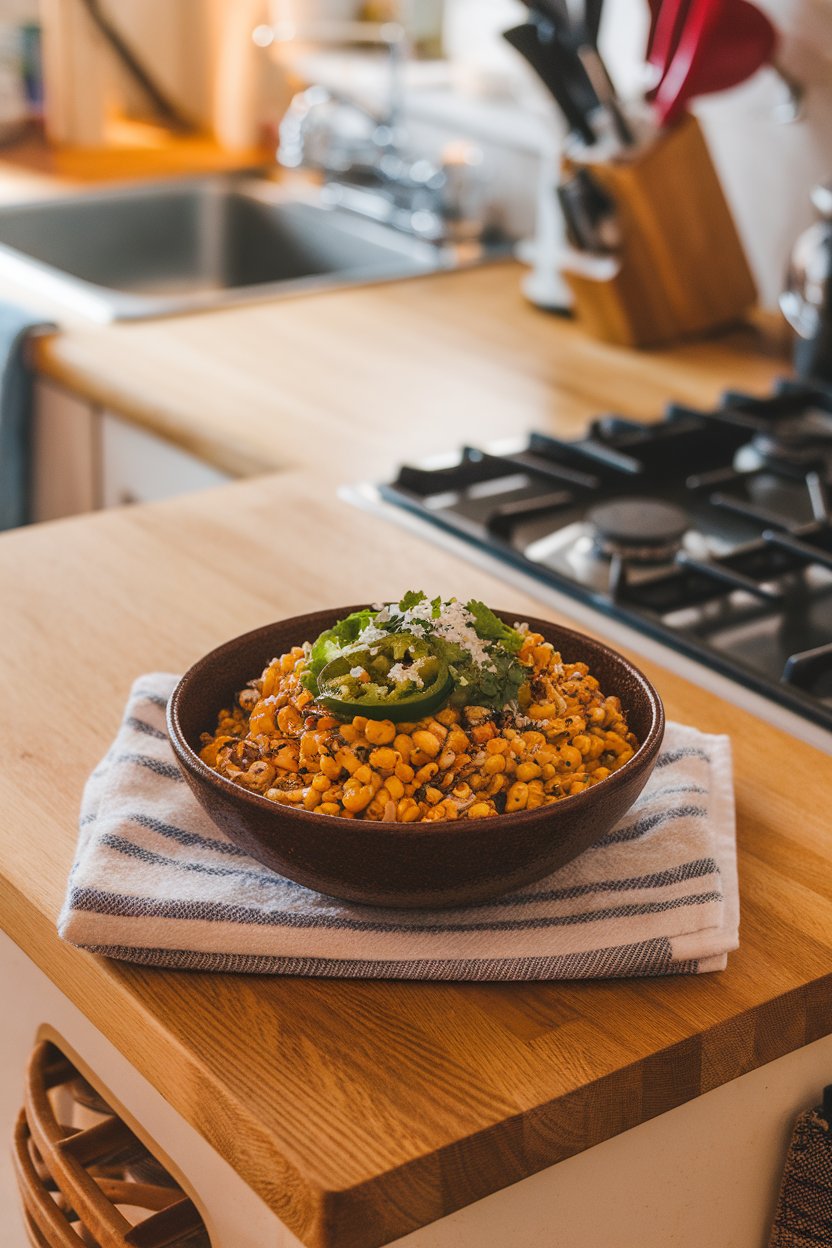 Indoor kitchen island displaying a bowl of charred corn kernels mixed with diced jalapeño, cilantro, and a sprinkle of cotija cheese. No logos or text. Photo only.