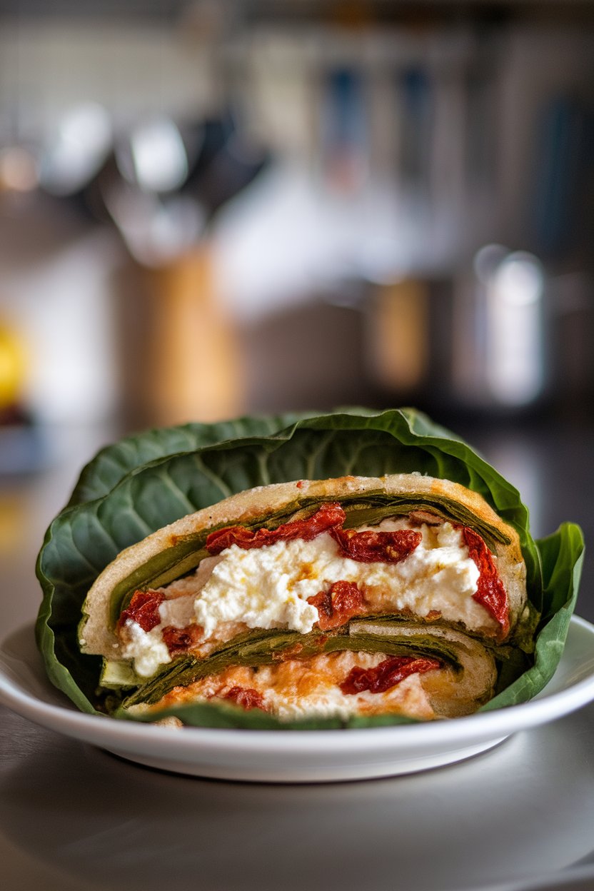 Indoor photo of large collard green leaf acting as wrap-style pizza slice filled with ricotta, garlic, and sun-dried tomatoes on a plate, no text or logos