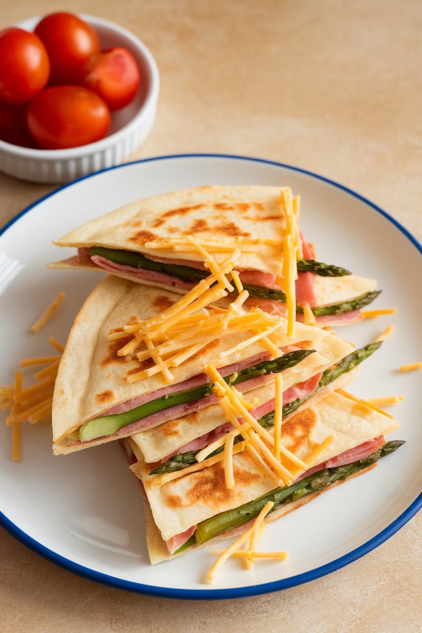 Indoor brunch plate, ham and asparagus quesadilla wedges, melted Gruyère strands, photo, no text or logos.