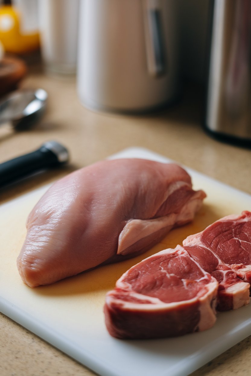 Photo — A raw skinless chicken breast and trimmed sirloin on a cutting board indoors, ready for cooking. No logos or text.