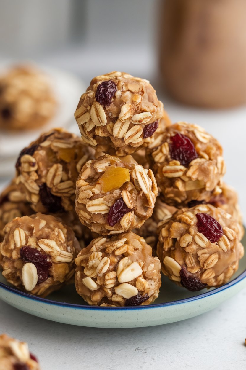 Photo of a small indoor plate stacked with round energy bites studded with oats, dried fruit, and nuts. No text or logos anywhere.