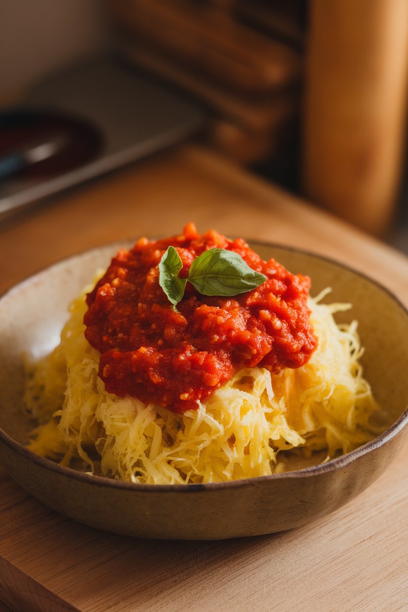 Indoor photo of spaghetti squash strands topped with chunky marinara sauce and a sprinkle of fresh basil in a shallow dish; no text or logos.