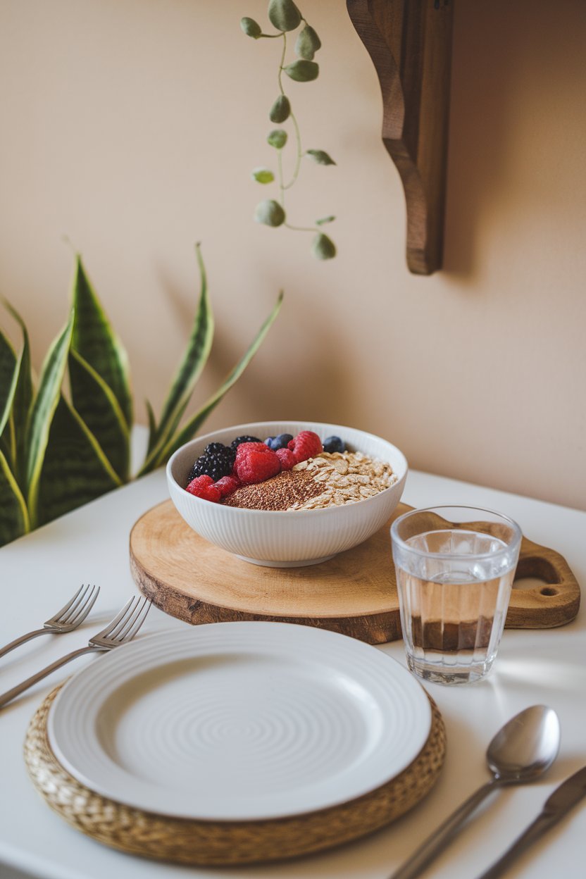 Photo of an indoor breakfast table with a bowl of mixed berries, rolled oats, and flaxseed, accompanied by a small glass of water. No text or logos visible.
