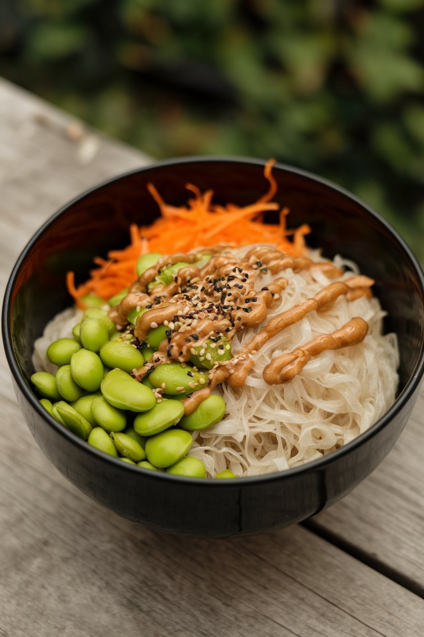Indoor image of a deep bowl containing rice noodles, bright green edamame, shredded carrots, and a sesame-ginger drizzle. No text or logos.