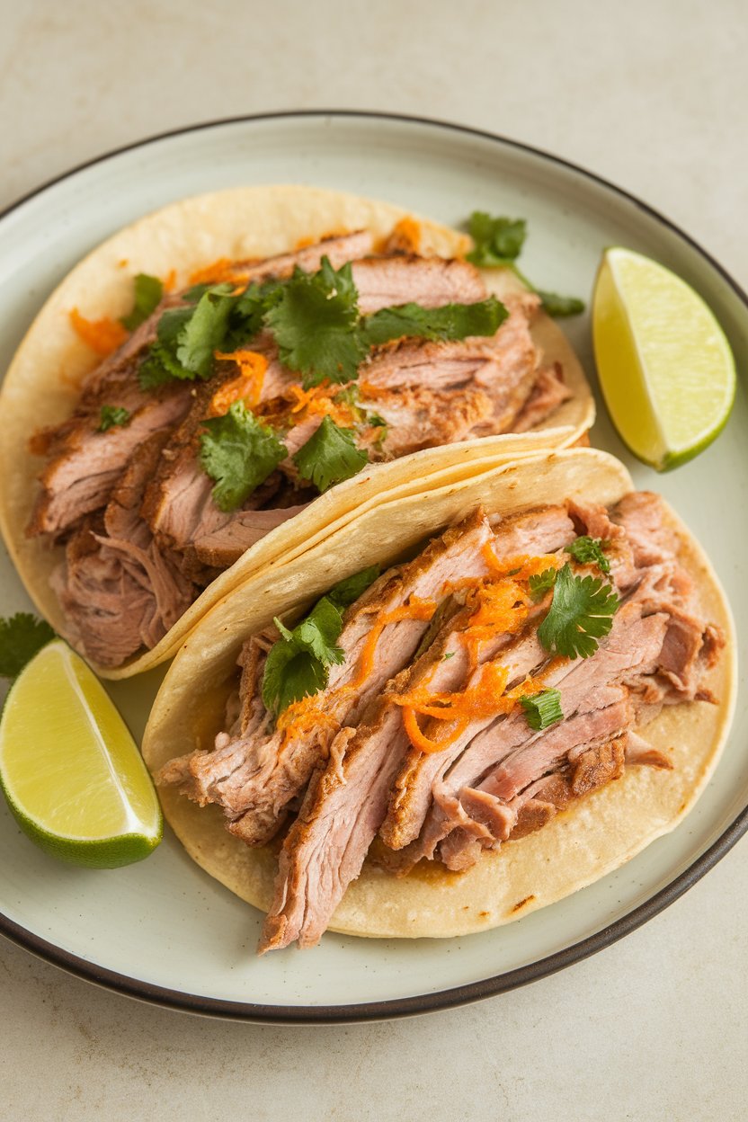 Photo of indoor plate showing shredded pork tenderloin tacos with orange zest and chopped cilantro. No visible branding.