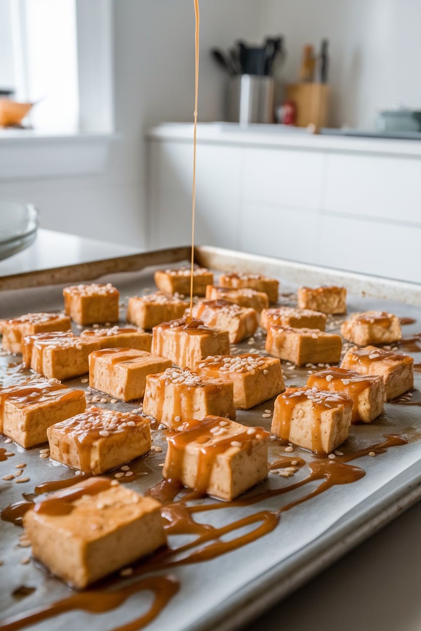 Photo of indoor baking sheet with golden tofu cubes glazed in maple sesame sauce, sesame seeds sprinkled, no text or logos.