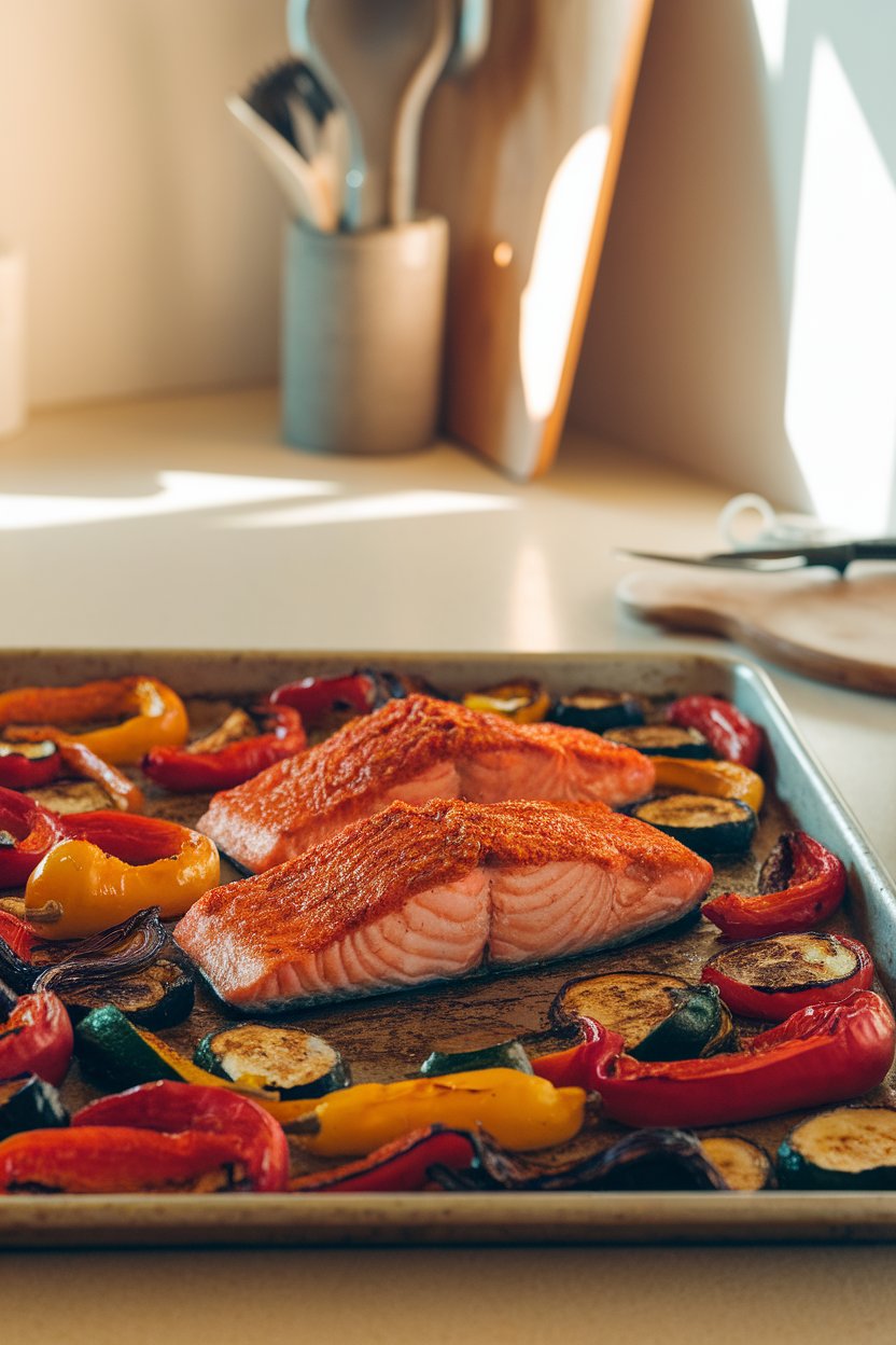 A warmly lit indoor counter showing a sheet pan holding harissa-coated salmon fillets and a mix of roasted bell peppers, zucchini, and red onion. No logos or text appear.