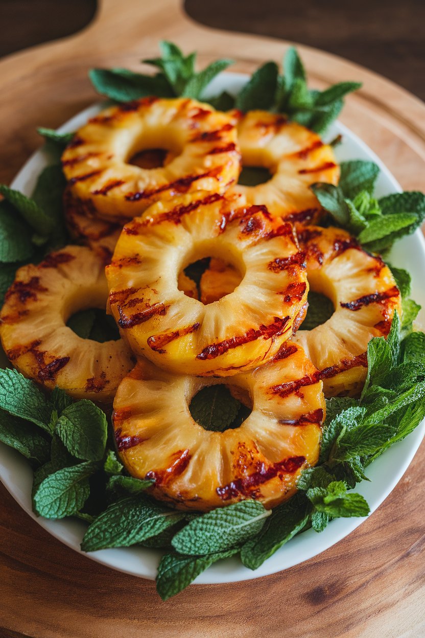 An indoor serving platter holding warm, caramelized pineapple rings with grill marks, lightly glazed. Photo only; no text or logos.