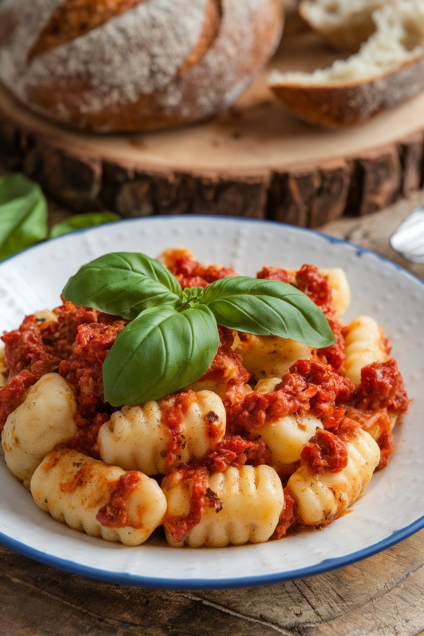 An indoor plate of pillowy gnocchi coated in red sun-dried tomato pesto, basil leaves accenting the dish. No text or logos; photo, not illustration.