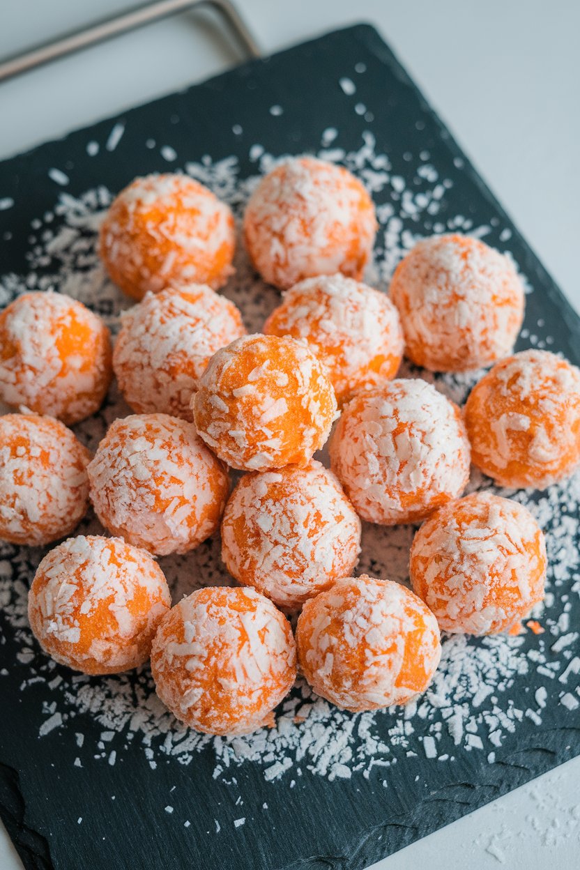 Photo of an indoor slate board featuring orange-flecked carrot cake bliss balls dusted with finely shredded coconut, no text or logos.
