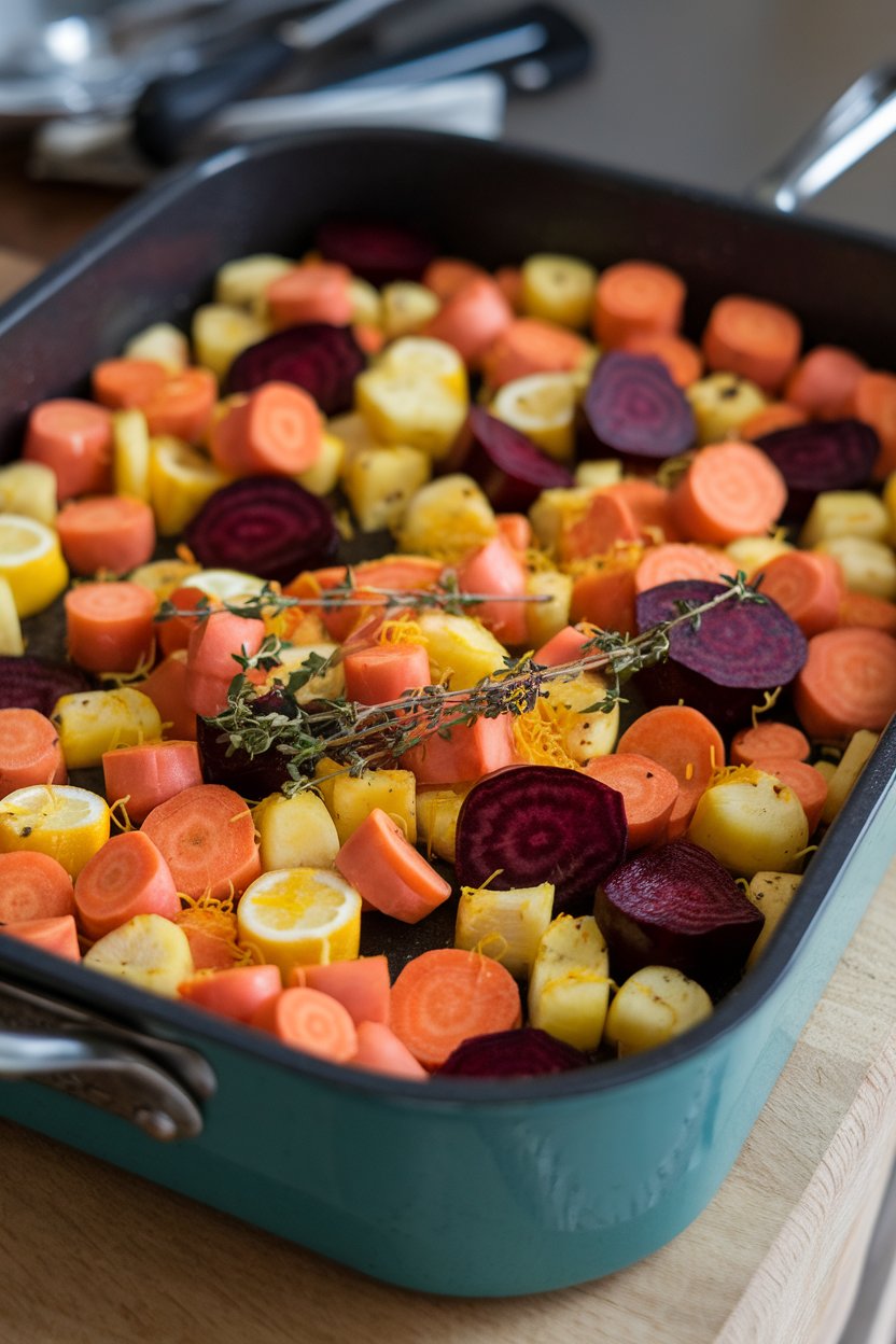 Indoor roasting pan of diced carrots, parsnips, and golden beets tossed with lemon zest and thyme. No text or logos; photo only.