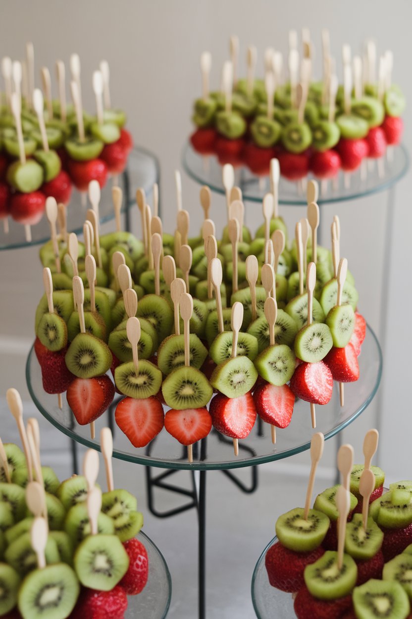 Indoor platter with small wooden skewers alternating kiwi rounds and strawberry halves. No text or logos.