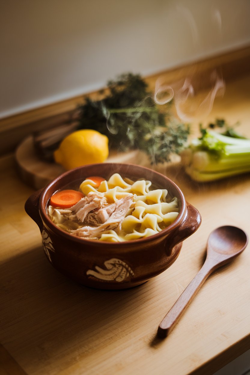 Warm indoor kitchen counter with a ceramic bowl of steaming chicken noodle soup, featuring shredded chicken, wide egg noodles, sliced carrots, and celery. Soft overhead lighting, no text or logos. Photo, not illustration.