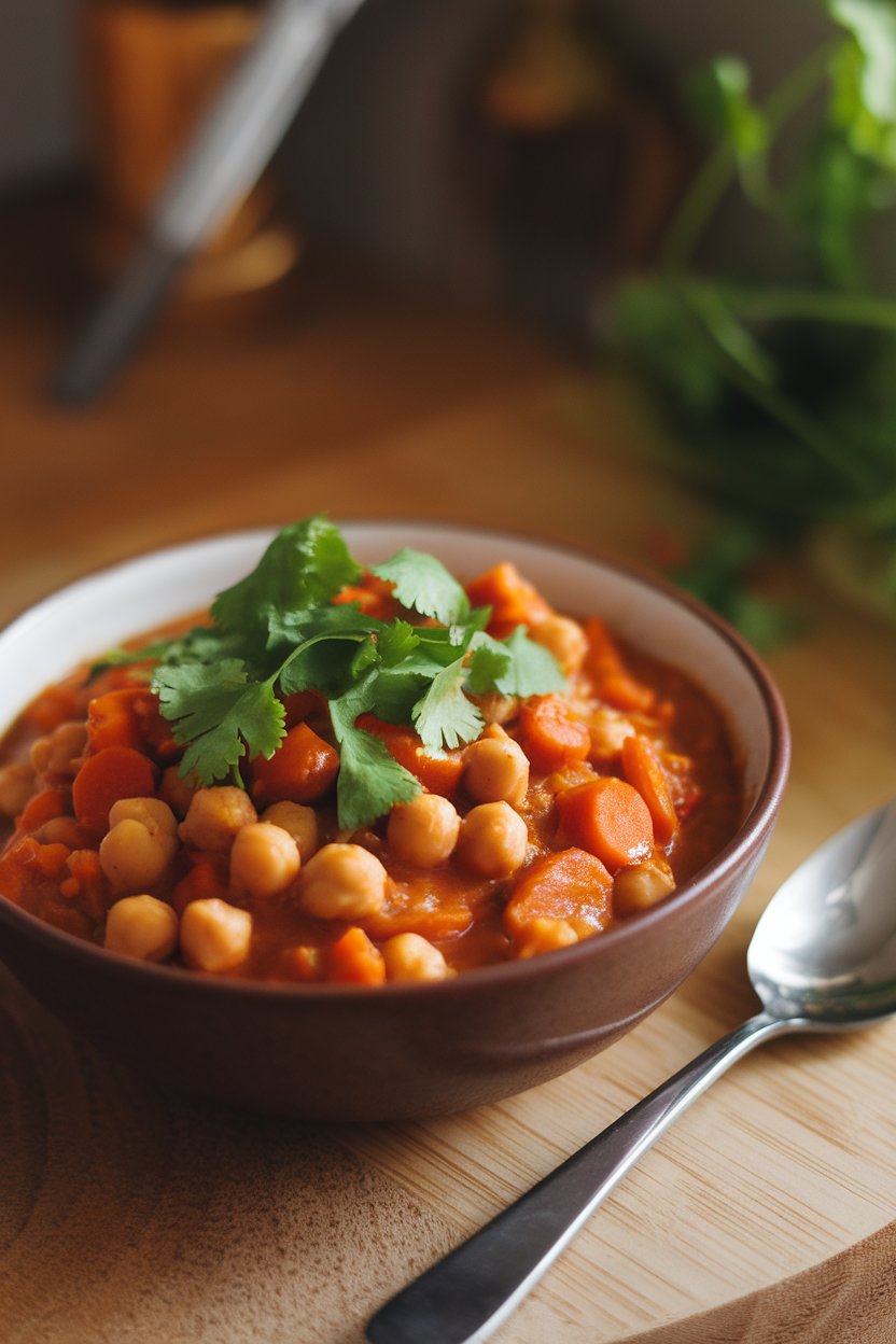 An indoor soup bowl filled with spiced chickpea and carrot stew, topped with fresh cilantro; warm ambient light, no text or logos; photo