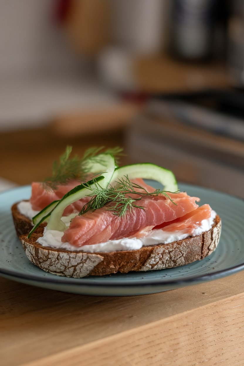 Indoor plate of toasted rye bread spread lightly with yogurt and topped with cooked smoked trout, fresh dill, and cucumber ribbons. No logos or text.