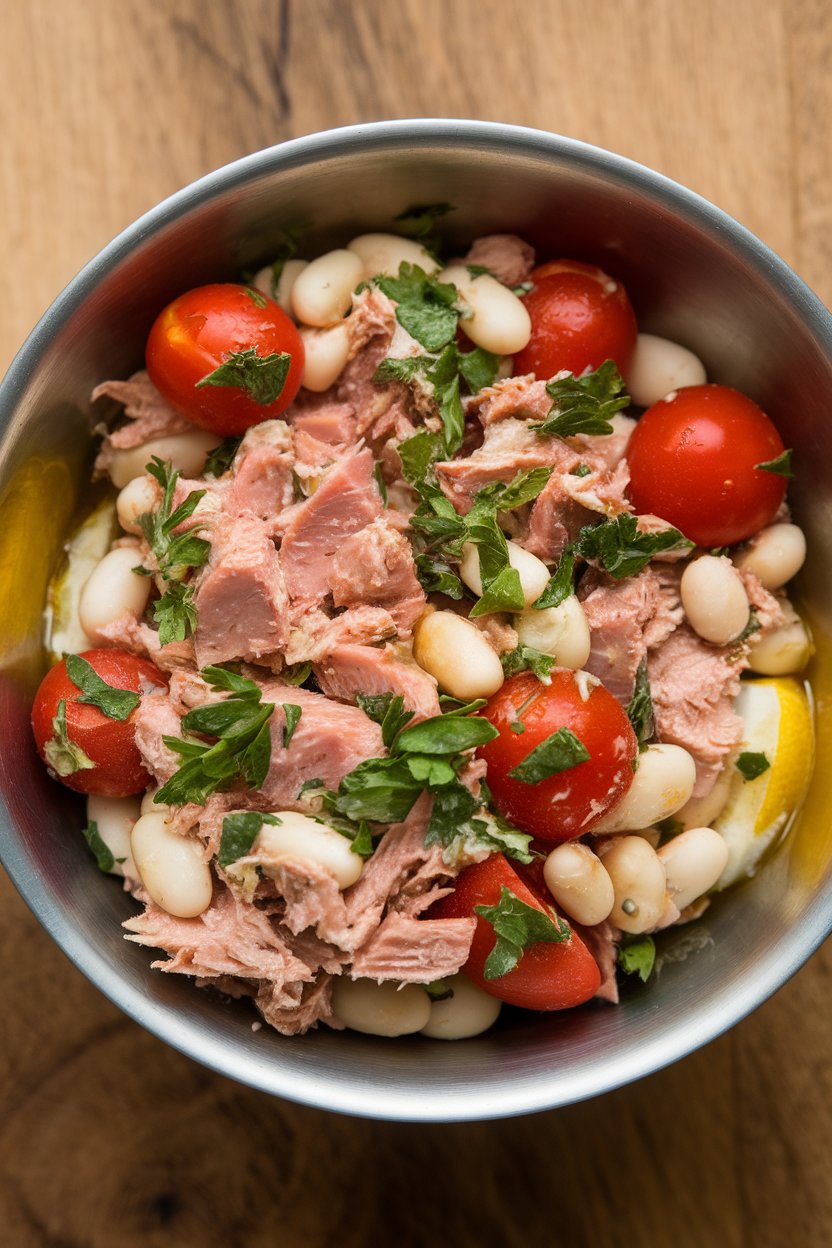 Indoor serving bowl featuring canned tuna, cannellini beans, cherry tomatoes, and parsley tossed in olive oil and lemon. No text or logos present.