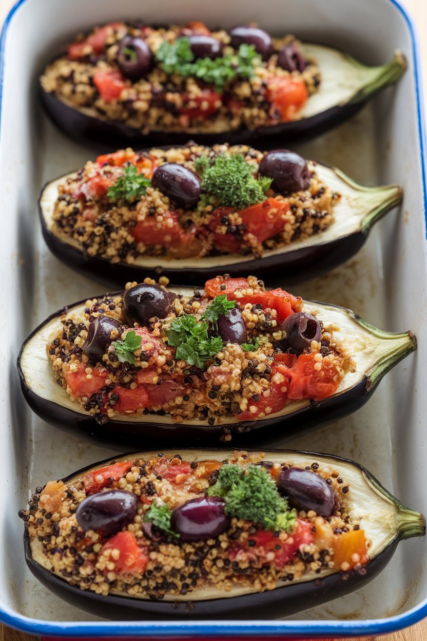 Indoor baking dish featuring halved eggplants filled with tomato, quinoa, olives, and herbs, lightly browned. No logos or text; photo.