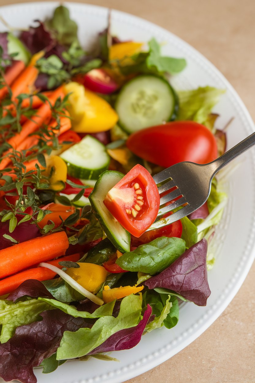 Photo — A close-up indoor shot of a fork paused midway while someone enjoys a colorful salad. No text or logos.