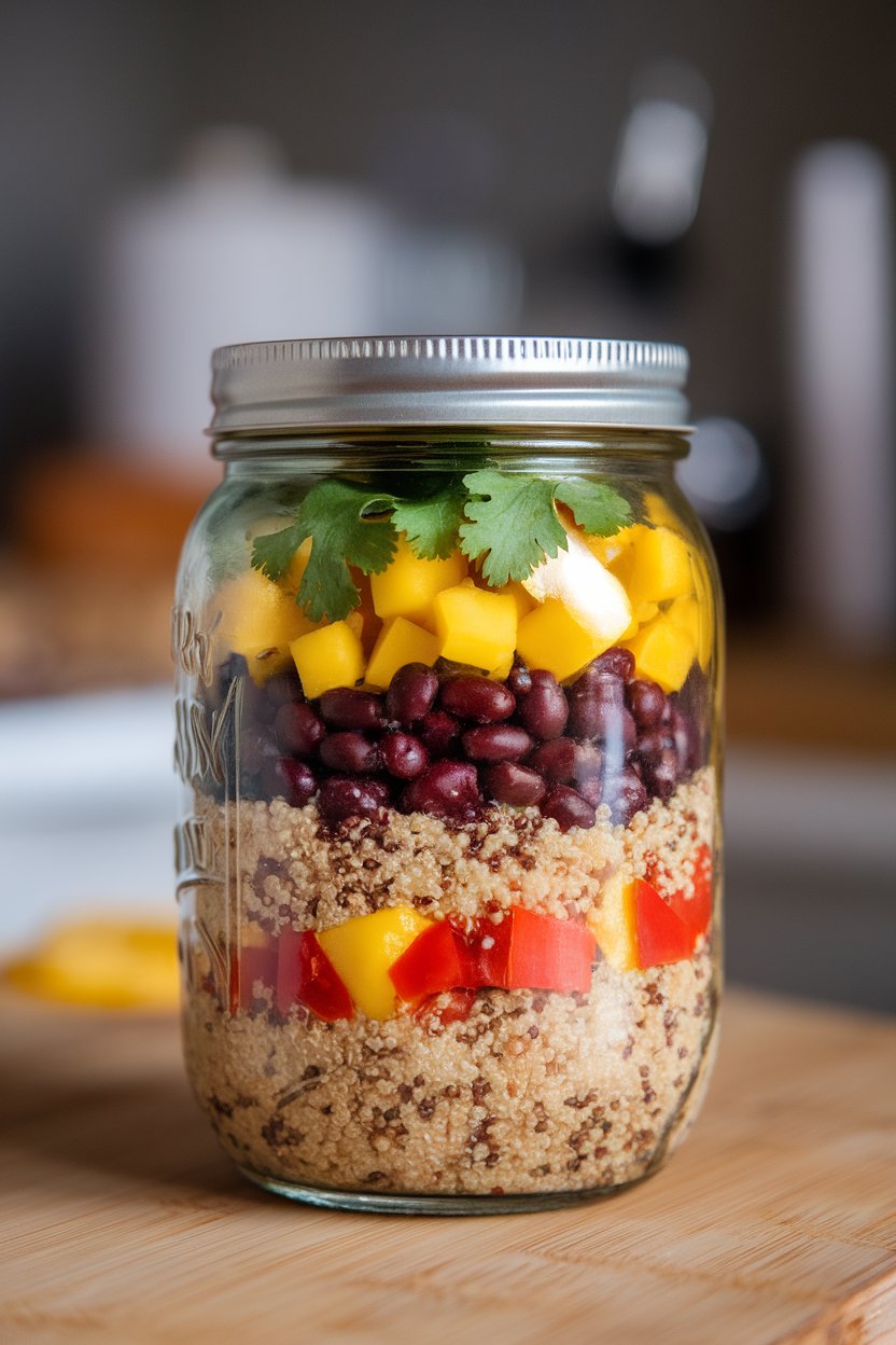 An indoor mason jar filled with layers of cooked quinoa, black beans, diced mango, red bell pepper, and cilantro, no text or logos.