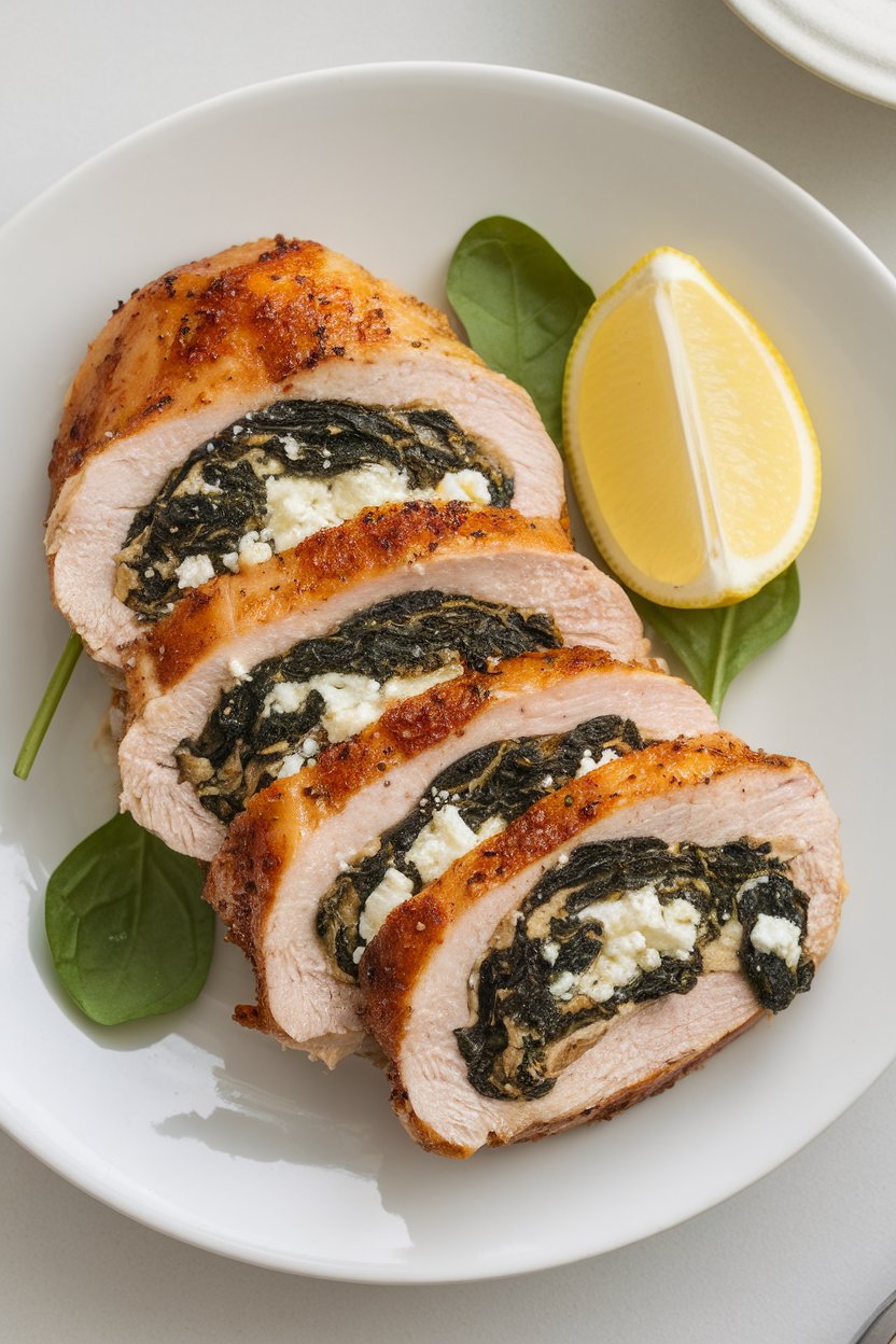 Indoor photo of sliced chicken breast stuffed with spinach and feta, lemon wedges on side, no text or logos