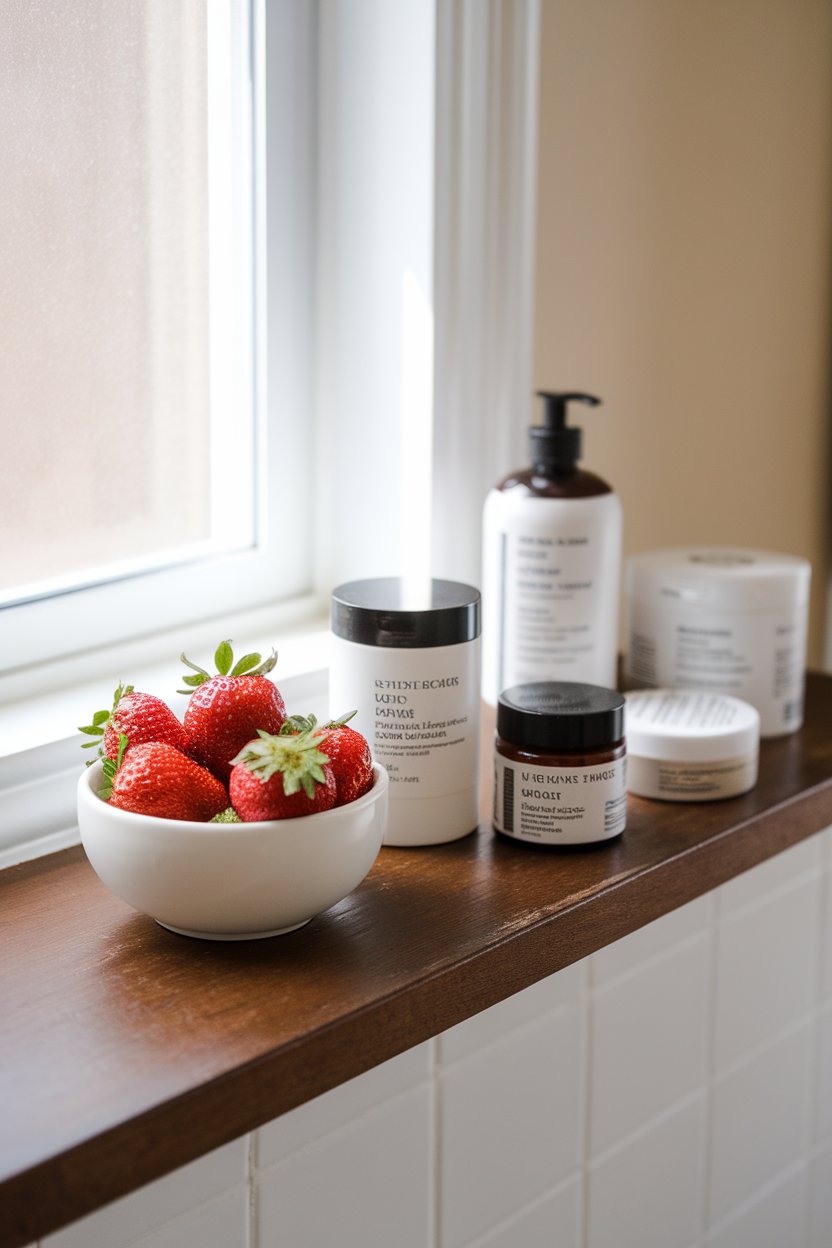 Photo of an indoor bathroom shelf holding skincare jars beside a bowl of fresh strawberries; clean daylight from a window; no text or logos.