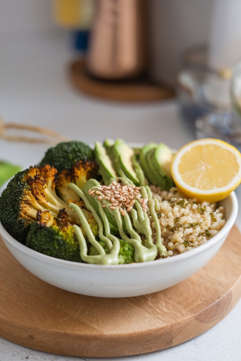 An indoor bowl arranged with roasted broccoli, avocado, quinoa, and green tahini drizzle, neatly portioned; photo only, no text or logos.