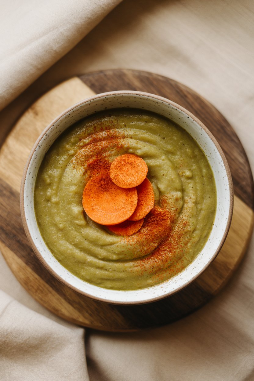 Indoor photo, top view, bowl of thick green split pea soup with orange carrot coins and smoked paprika dusting; no text or logos