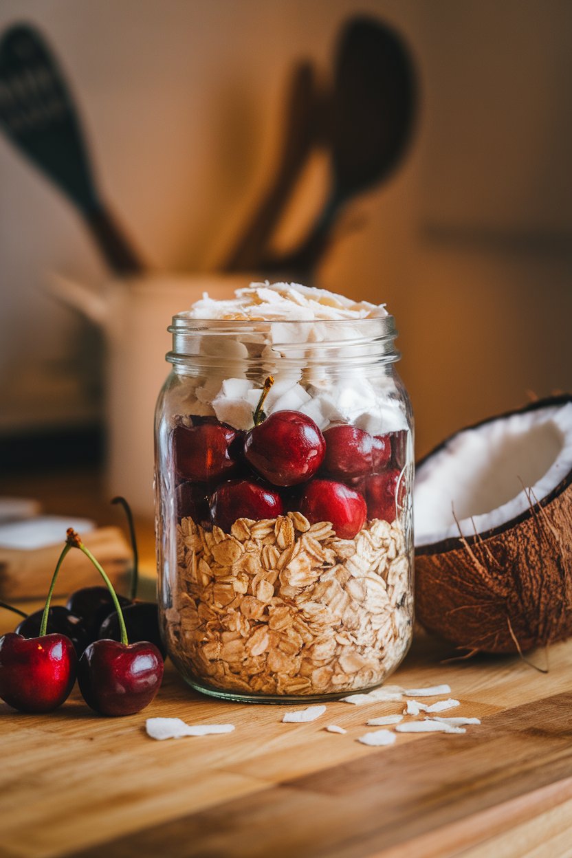Indoor dessert-style countertop photo of a jar with cocoa oats, sweet cherries, and a layer of coconut flakes on top. No branding or text. Photo not illustration.