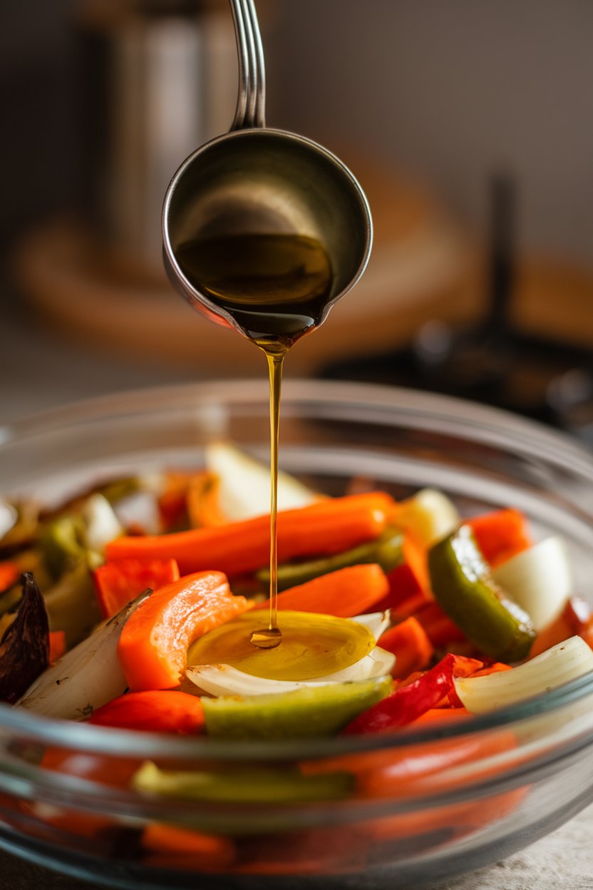 Indoor close-up of a teaspoon of olive oil being drizzled onto roasted vegetables, illustrating a modest amount of fat. Warm, cozy lighting, no text or logos.