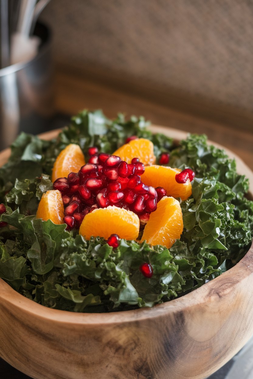 Indoor photo of chopped curly kale massaged with dressing, topped with orange segments and pomegranate arils in a wooden bowl. No text or logos; photo.