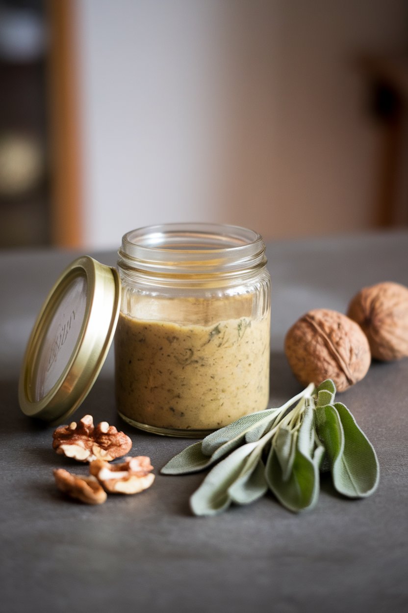 Indoor tabletop scene with a glass jar of walnut sage dressing, shelled walnuts and fresh sage leaves beside it. Photo, not illustration. No text or logos.