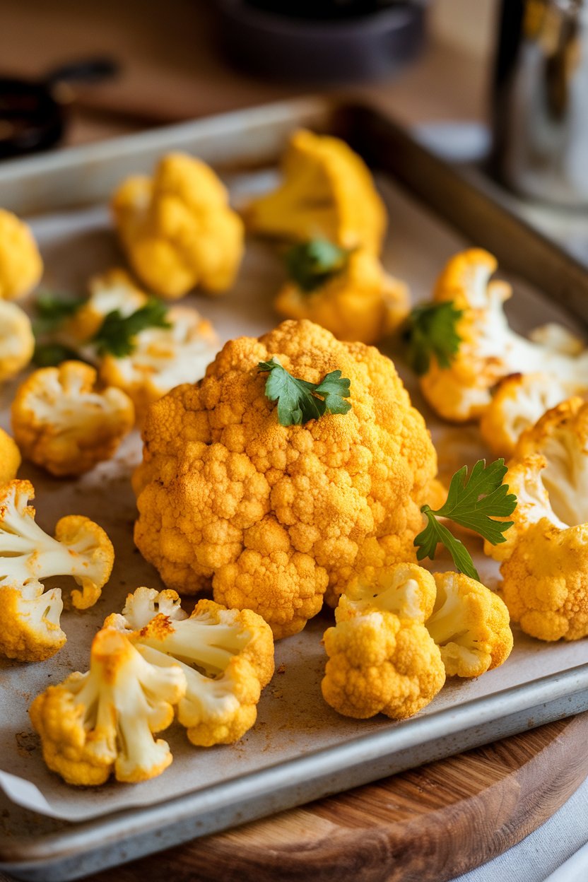 Indoor baking-sheet photo of golden turmeric-spiced cauliflower florets fresh from the oven, parsley sprinkled on top. No text or logos.