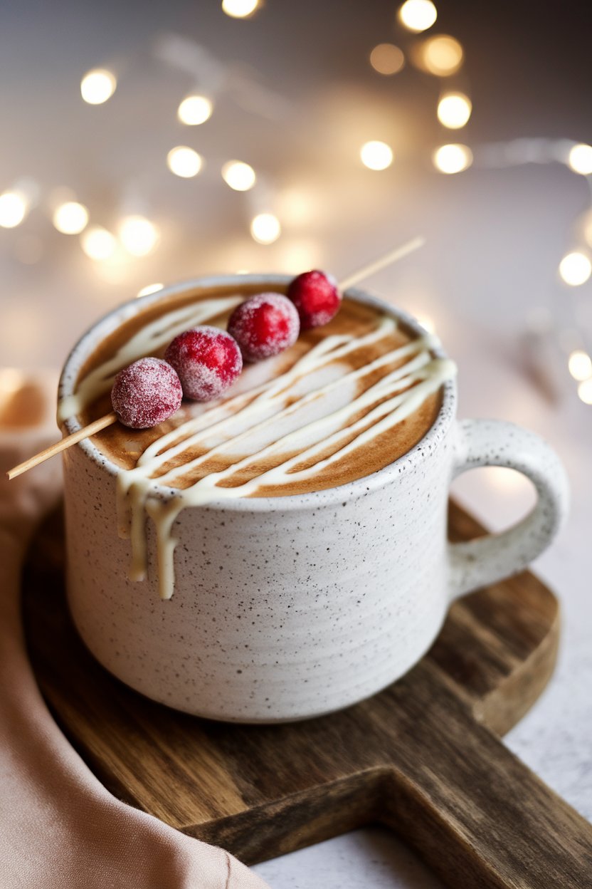 Indoor shot of a white stoneware mug filled with creamy latte, drizzled with white chocolate and dotted with a few sugared cranberries on a skewer. Soft bokeh holiday lights in background, no text or logos. Photo only.