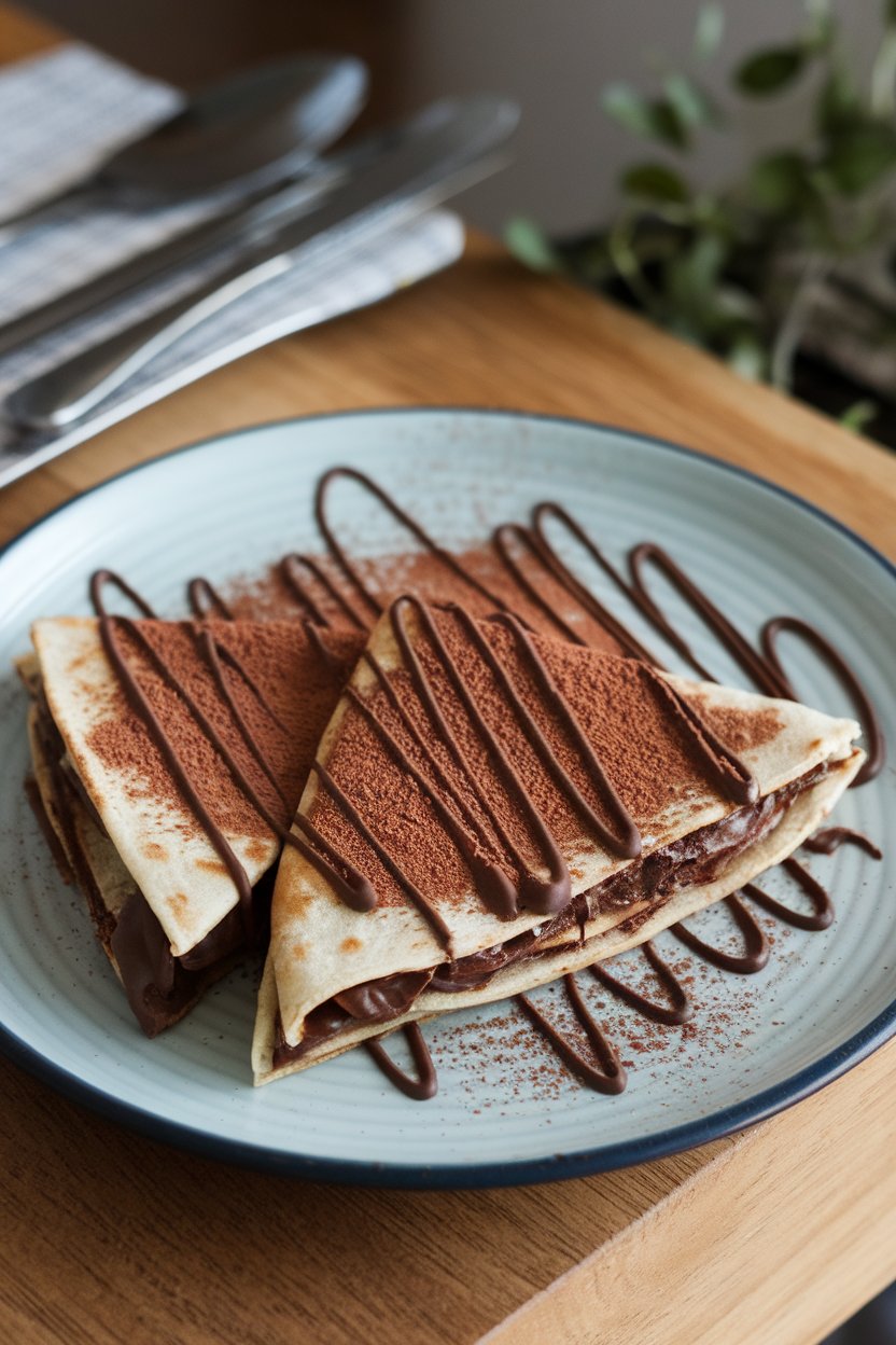 Indoor dessert plate, chocolate banana peanut butter quesadilla triangles dusted with cocoa, photo, no text or logos.