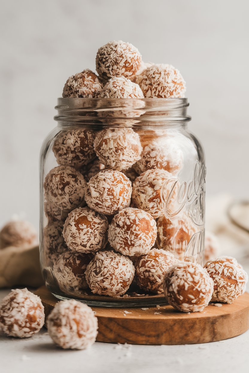 Indoor photo of round coconut-coated date energy balls piled in a glass jar, soft diffused light. No text or logos.