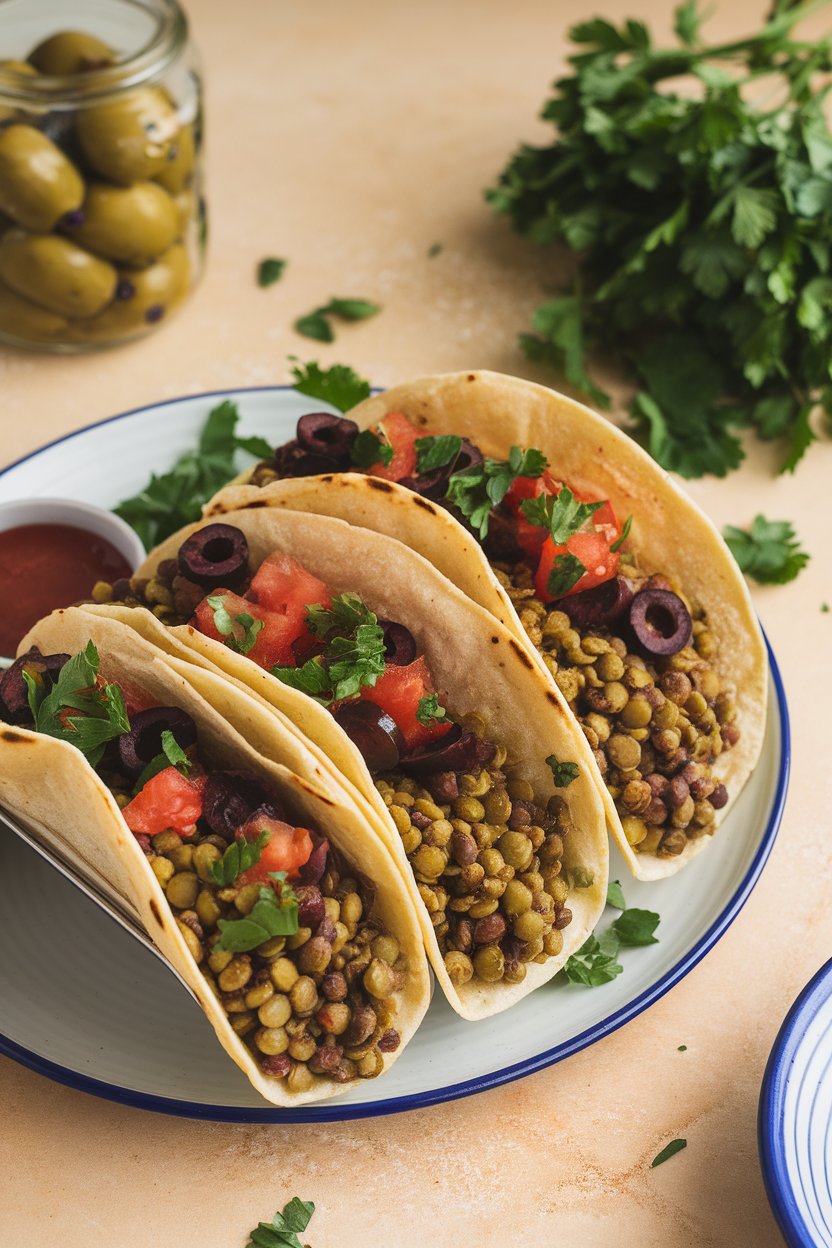 Photo indoors showing tacos with green lentils, chopped olives, diced tomatoes, and parsley. No visible text or logos.