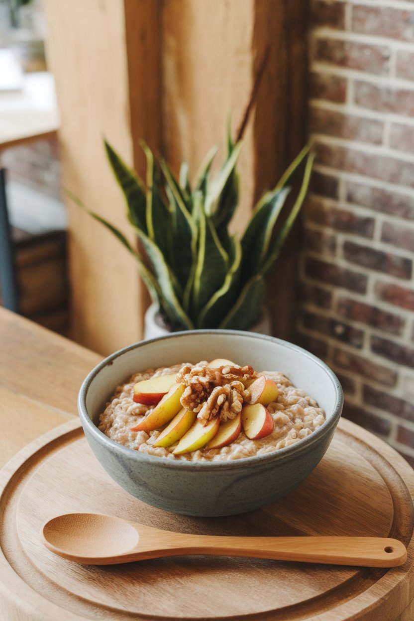 Photo of an indoor breakfast bar with a ceramic bowl of steel-cut oats topped with sautéed cinnamon apples and a walnut sprinkle, no text or logos