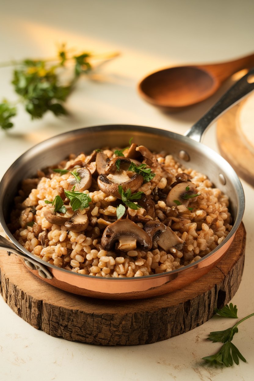 Indoor photo of nutty farro mixed with sautéed mushrooms and parsley, served in a shallow copper pan on a wooden trivet. No text or logos.