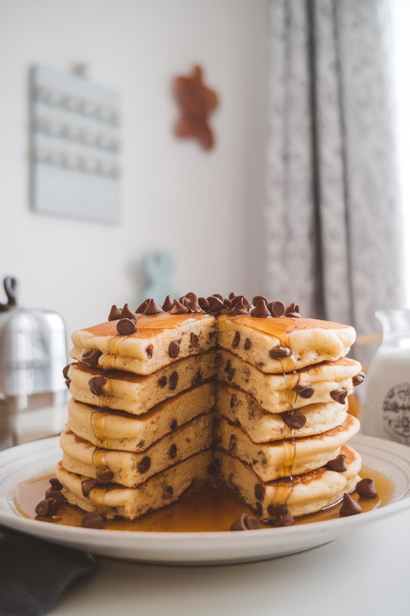 A stack of fluffy pancakes studded with mini chocolate chips on an indoor breakfast table, drizzled lightly with maple syrup. No text or logos. Photo.
