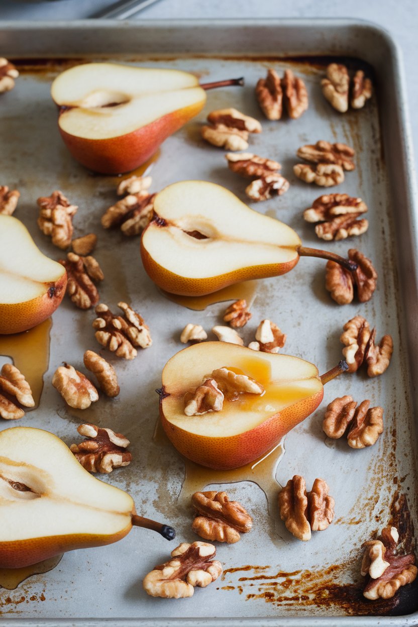 Indoor baking sheet with pear halves drizzled in maple syrup and toasted walnuts scattered around. No text or logos.