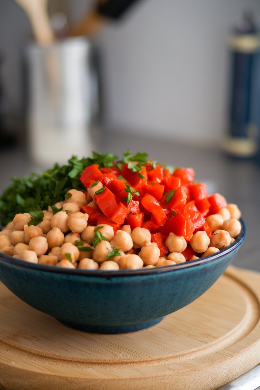 Indoor bowl with chickpeas, diced roasted red peppers, parsley, and a light vinaigrette. No text or logos.