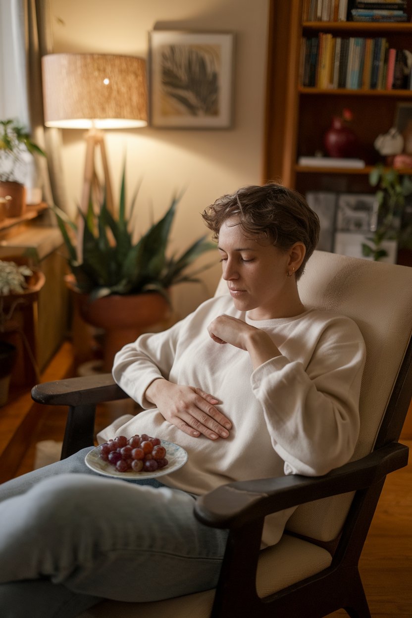 An indoor cozy nook with a person placing a hand on their stomach while looking at a small plate of grapes, thoughtful expression. No text or logos visible.