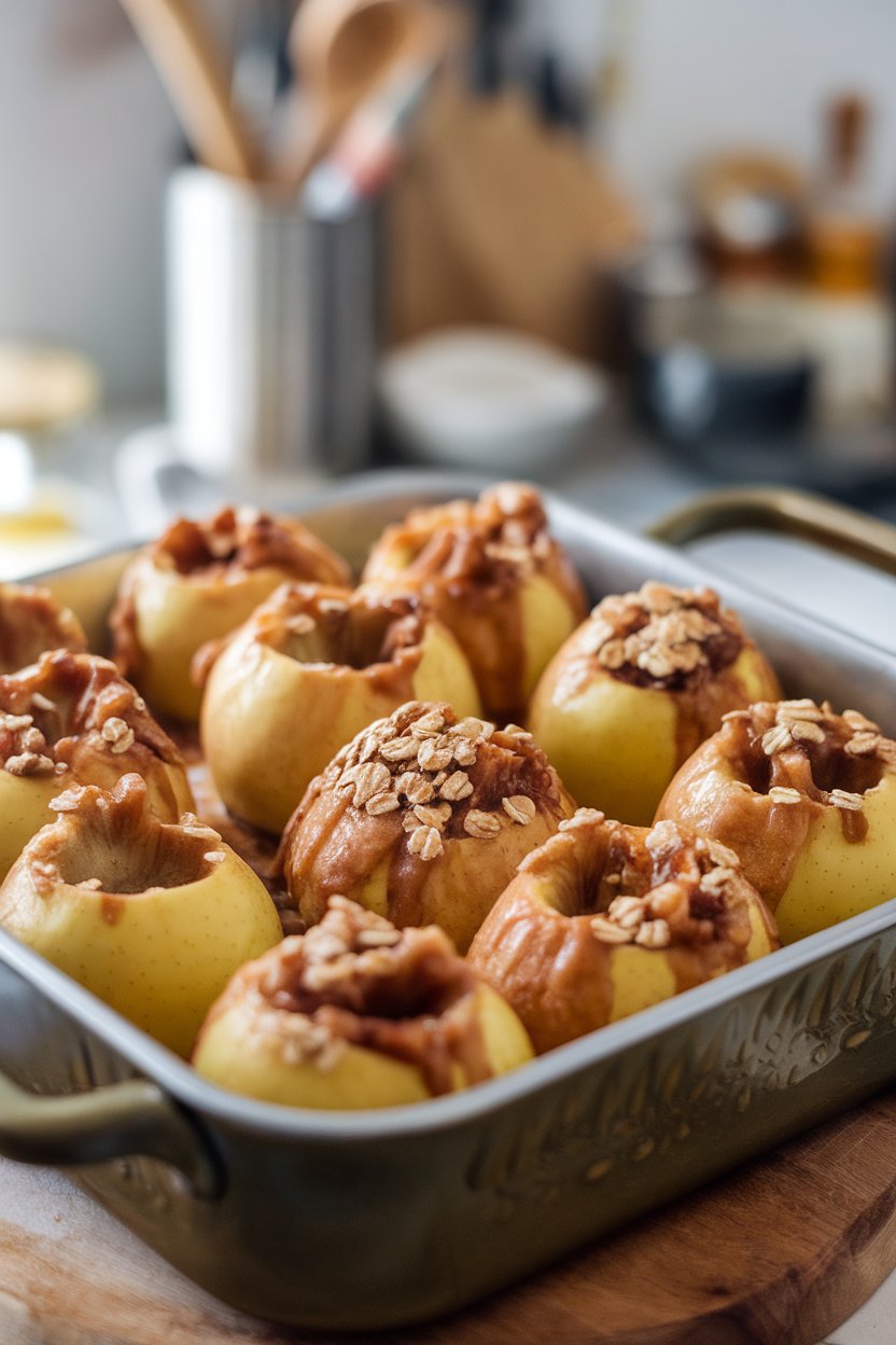 Photo of an indoor baking dish holding halved baked apples sprinkled with cinnamon and oats, no text or logos