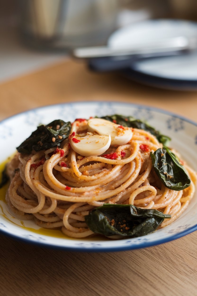 An indoor plate of whole-wheat spaghetti glistening with olive oil, garlic slices, red pepper flakes, and wilted spinach leaves. No branding or text anywhere.