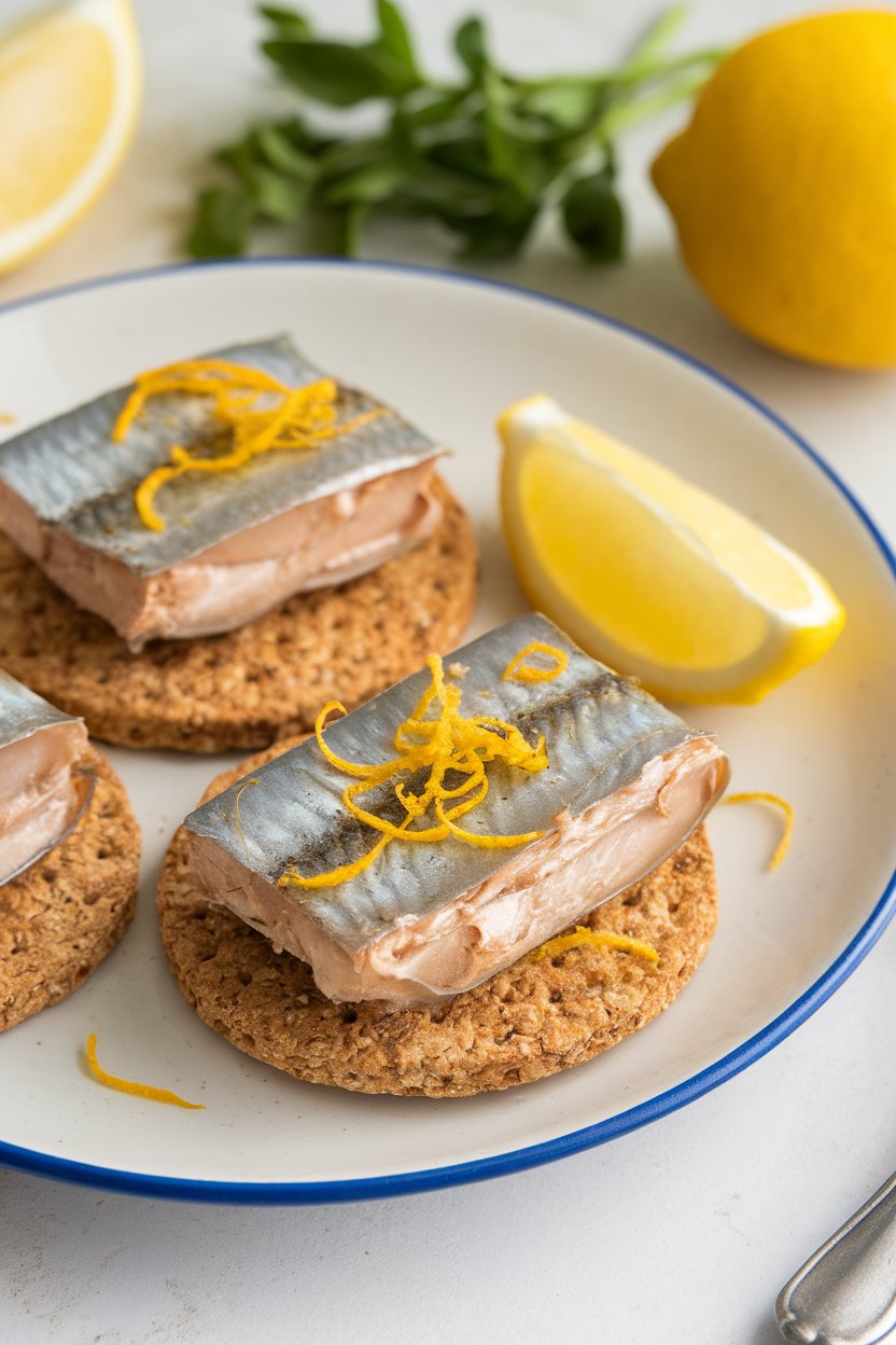 Indoor lunch plate with cooked canned sardines on whole grain crackers, garnished with lemon zest. No branding or text visible. Photo only.